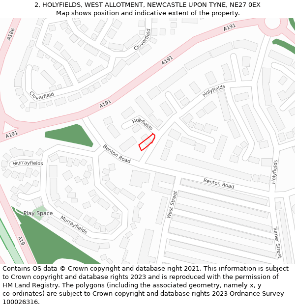 2, HOLYFIELDS, WEST ALLOTMENT, NEWCASTLE UPON TYNE, NE27 0EX: Location map and indicative extent of plot