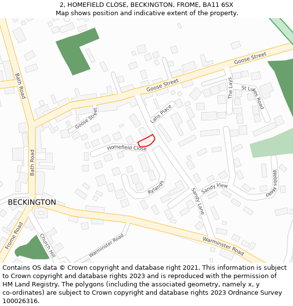 2, HOMEFIELD CLOSE, BECKINGTON, FROME, BA11 6SX: Location map and indicative extent of plot