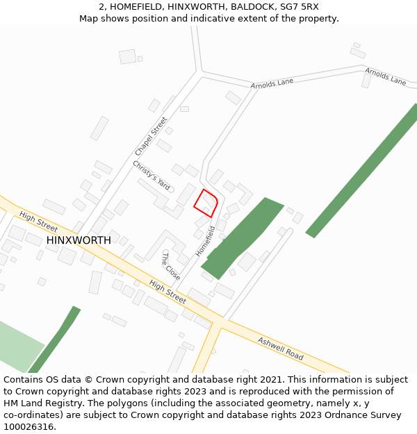 2, HOMEFIELD, HINXWORTH, BALDOCK, SG7 5RX: Location map and indicative extent of plot