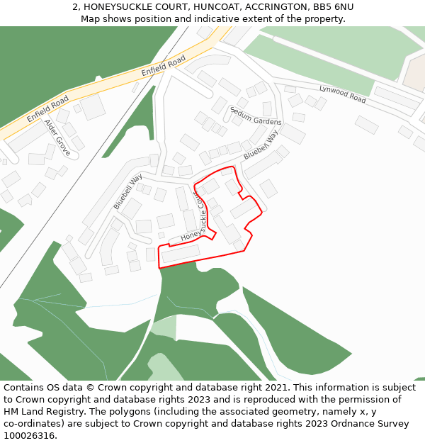 2, HONEYSUCKLE COURT, HUNCOAT, ACCRINGTON, BB5 6NU: Location map and indicative extent of plot