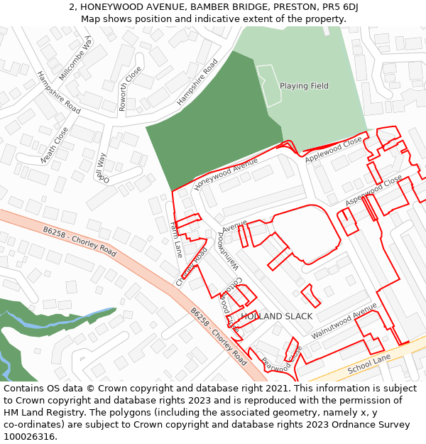 2, HONEYWOOD AVENUE, BAMBER BRIDGE, PRESTON, PR5 6DJ: Location map and indicative extent of plot
