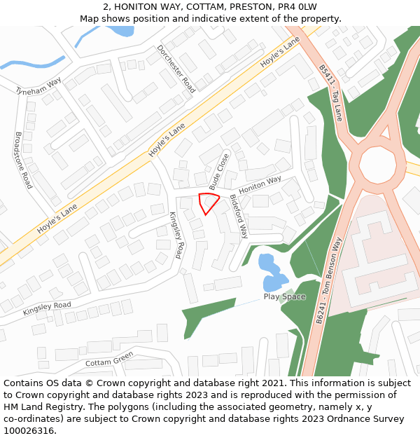 2, HONITON WAY, COTTAM, PRESTON, PR4 0LW: Location map and indicative extent of plot