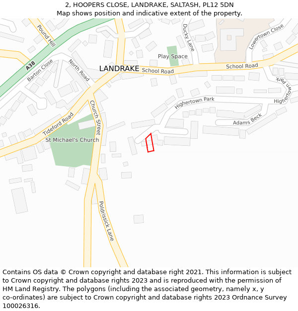 2, HOOPERS CLOSE, LANDRAKE, SALTASH, PL12 5DN: Location map and indicative extent of plot