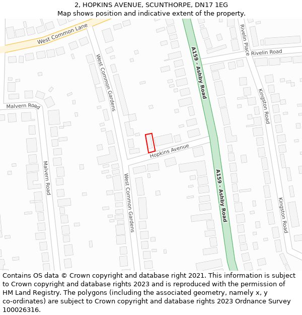 2, HOPKINS AVENUE, SCUNTHORPE, DN17 1EG: Location map and indicative extent of plot