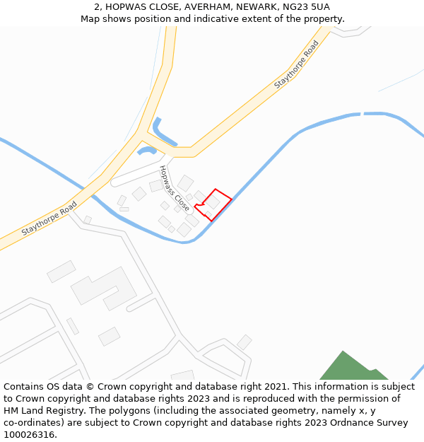 2, HOPWAS CLOSE, AVERHAM, NEWARK, NG23 5UA: Location map and indicative extent of plot