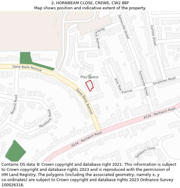 2, HORNBEAM CLOSE, CREWE, CW2 8BF: Location map and indicative extent of plot