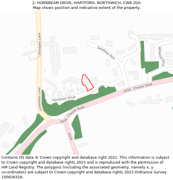 2, HORNBEAM DRIVE, HARTFORD, NORTHWICH, CW8 2GA: Location map and indicative extent of plot