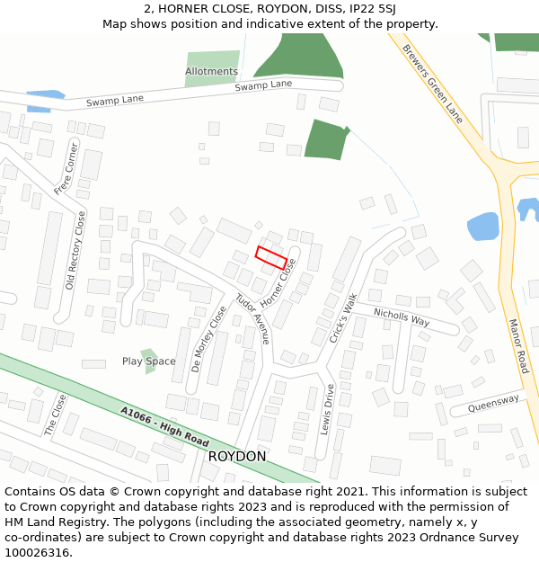 2, HORNER CLOSE, ROYDON, DISS, IP22 5SJ: Location map and indicative extent of plot