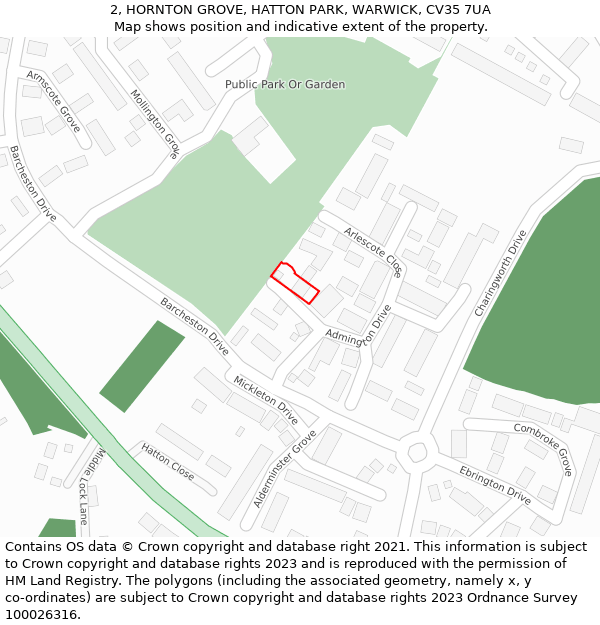 2, HORNTON GROVE, HATTON PARK, WARWICK, CV35 7UA: Location map and indicative extent of plot