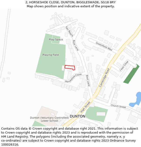 2, HORSESHOE CLOSE, DUNTON, BIGGLESWADE, SG18 8RY: Location map and indicative extent of plot