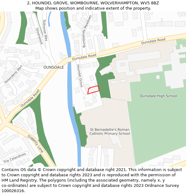 2, HOUNDEL GROVE, WOMBOURNE, WOLVERHAMPTON, WV5 8BZ: Location map and indicative extent of plot