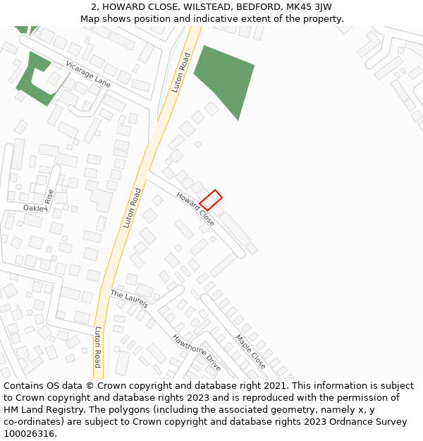 2, HOWARD CLOSE, WILSTEAD, BEDFORD, MK45 3JW: Location map and indicative extent of plot