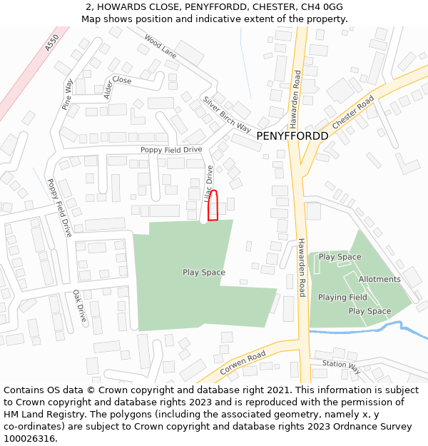 2, HOWARDS CLOSE, PENYFFORDD, CHESTER, CH4 0GG: Location map and indicative extent of plot