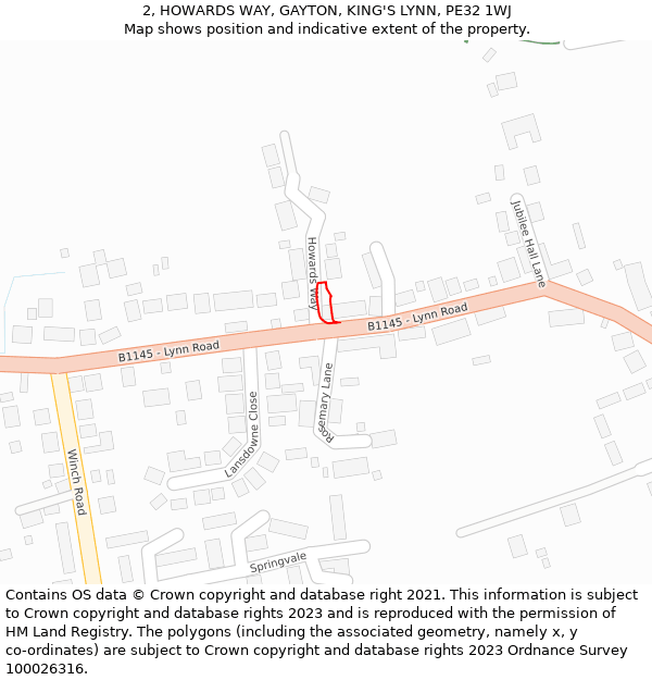 2, HOWARDS WAY, GAYTON, KING'S LYNN, PE32 1WJ: Location map and indicative extent of plot