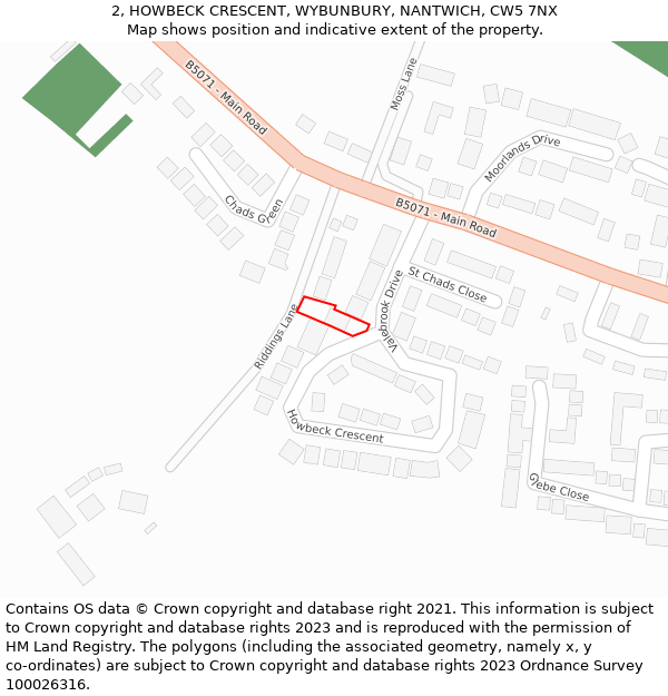 2, HOWBECK CRESCENT, WYBUNBURY, NANTWICH, CW5 7NX: Location map and indicative extent of plot