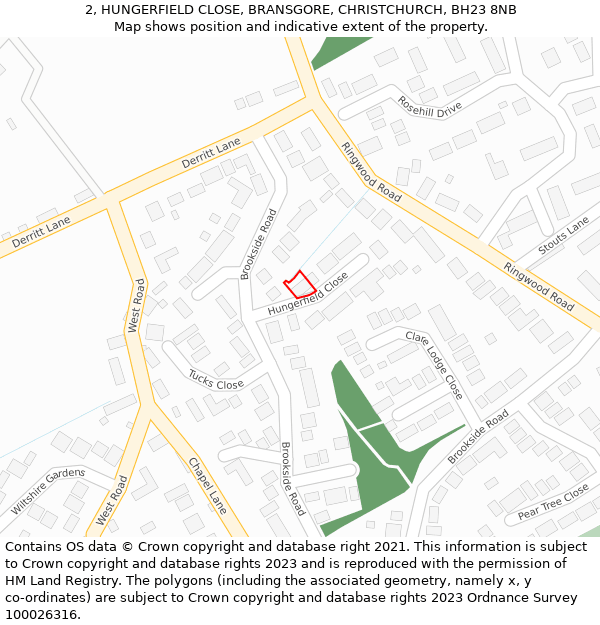 2, HUNGERFIELD CLOSE, BRANSGORE, CHRISTCHURCH, BH23 8NB: Location map and indicative extent of plot