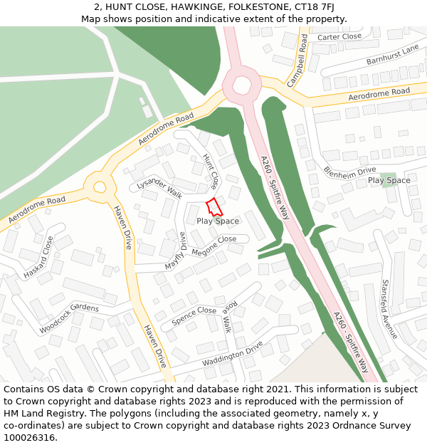 2, HUNT CLOSE, HAWKINGE, FOLKESTONE, CT18 7FJ: Location map and indicative extent of plot