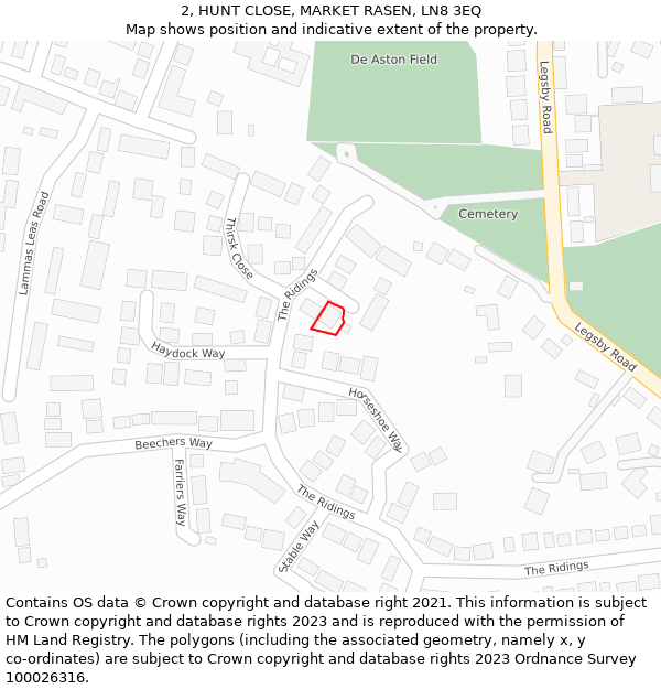 2, HUNT CLOSE, MARKET RASEN, LN8 3EQ: Location map and indicative extent of plot