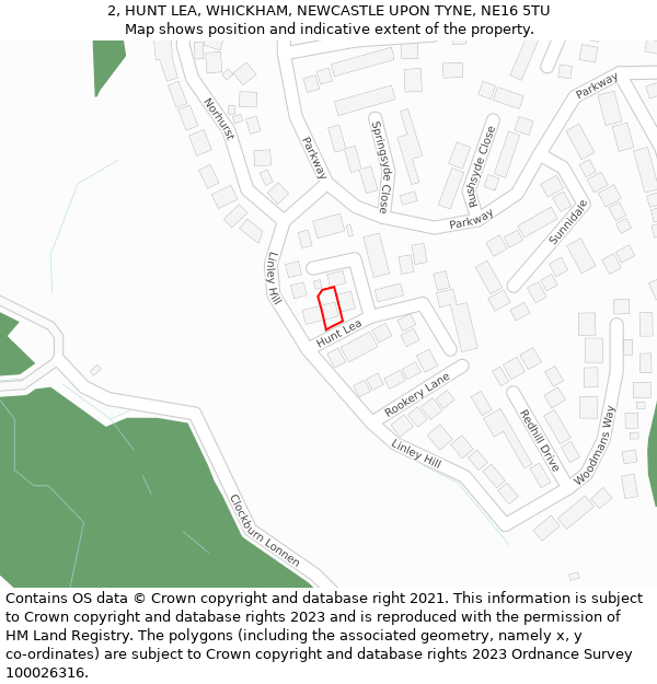 2, HUNT LEA, WHICKHAM, NEWCASTLE UPON TYNE, NE16 5TU: Location map and indicative extent of plot