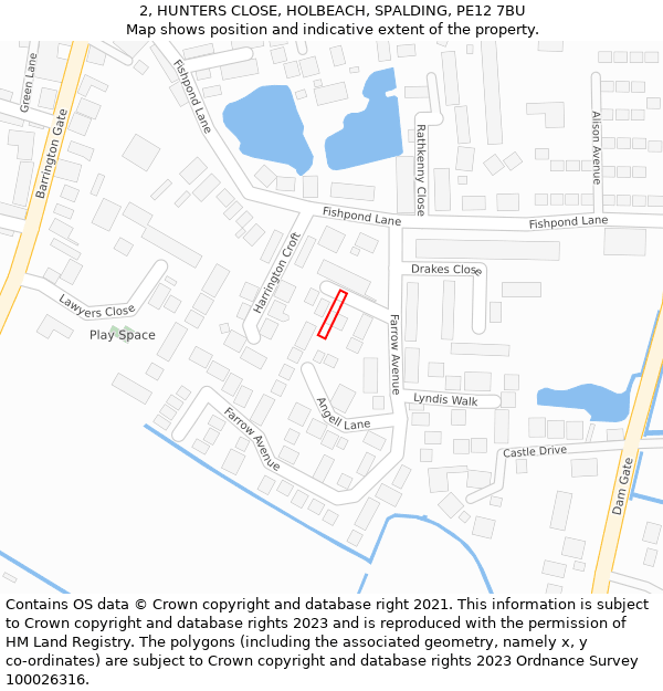 2, HUNTERS CLOSE, HOLBEACH, SPALDING, PE12 7BU: Location map and indicative extent of plot