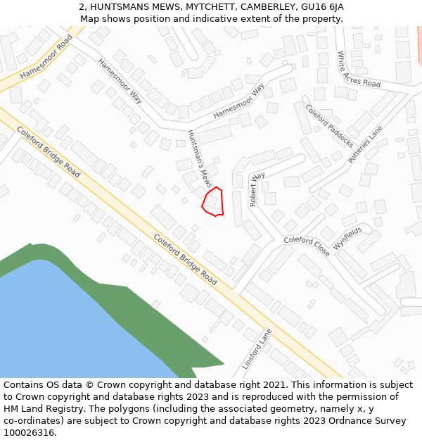 2, HUNTSMANS MEWS, MYTCHETT, CAMBERLEY, GU16 6JA: Location map and indicative extent of plot