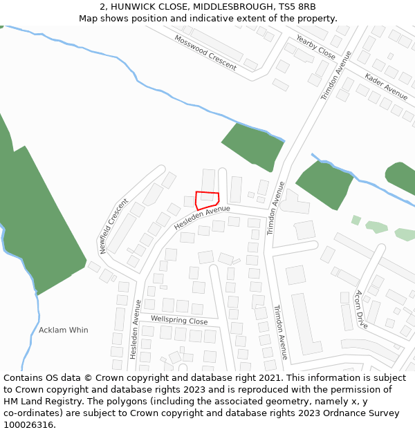 2, HUNWICK CLOSE, MIDDLESBROUGH, TS5 8RB: Location map and indicative extent of plot
