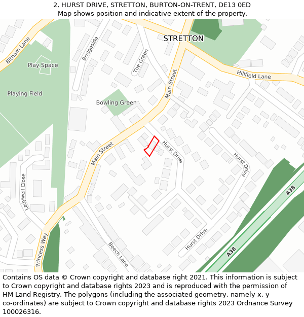 2, HURST DRIVE, STRETTON, BURTON-ON-TRENT, DE13 0ED: Location map and indicative extent of plot