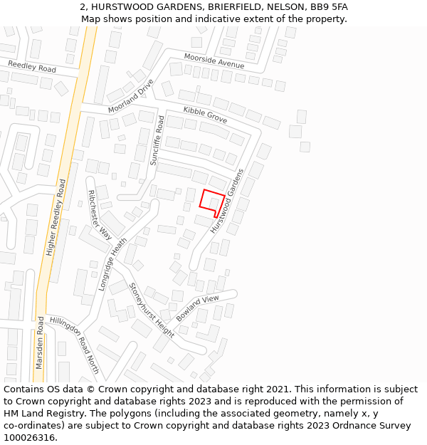 2, HURSTWOOD GARDENS, BRIERFIELD, NELSON, BB9 5FA: Location map and indicative extent of plot