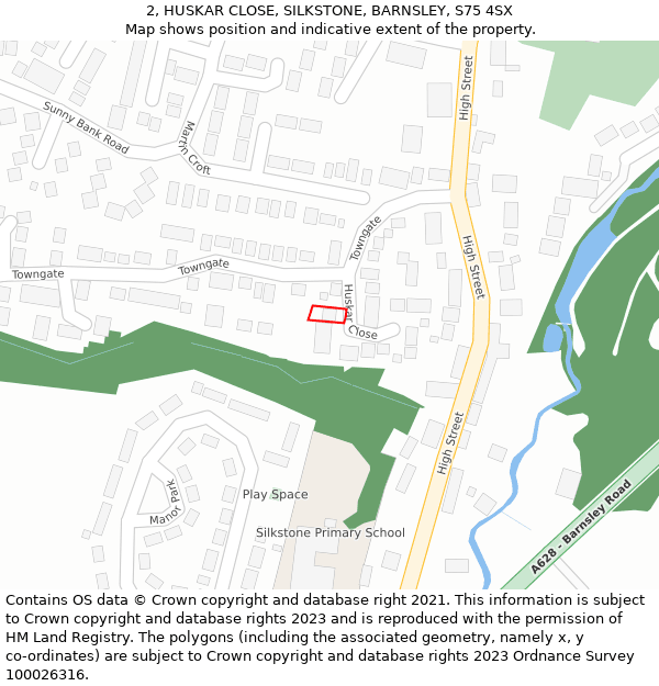 2, HUSKAR CLOSE, SILKSTONE, BARNSLEY, S75 4SX: Location map and indicative extent of plot