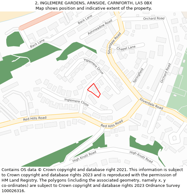 2, INGLEMERE GARDENS, ARNSIDE, CARNFORTH, LA5 0BX: Location map and indicative extent of plot