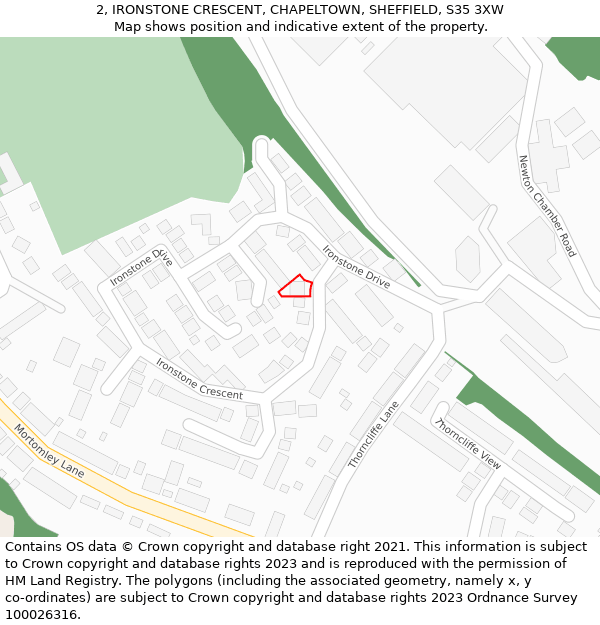 2, IRONSTONE CRESCENT, CHAPELTOWN, SHEFFIELD, S35 3XW: Location map and indicative extent of plot