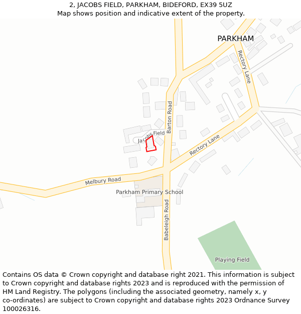 2, JACOBS FIELD, PARKHAM, BIDEFORD, EX39 5UZ: Location map and indicative extent of plot