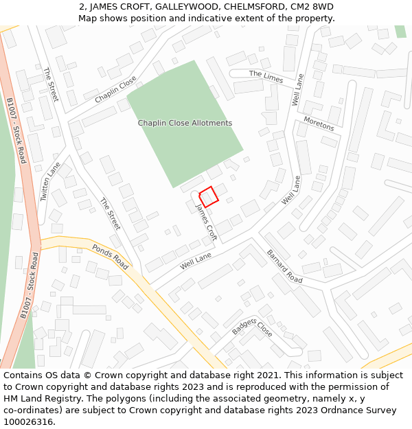 2, JAMES CROFT, GALLEYWOOD, CHELMSFORD, CM2 8WD: Location map and indicative extent of plot