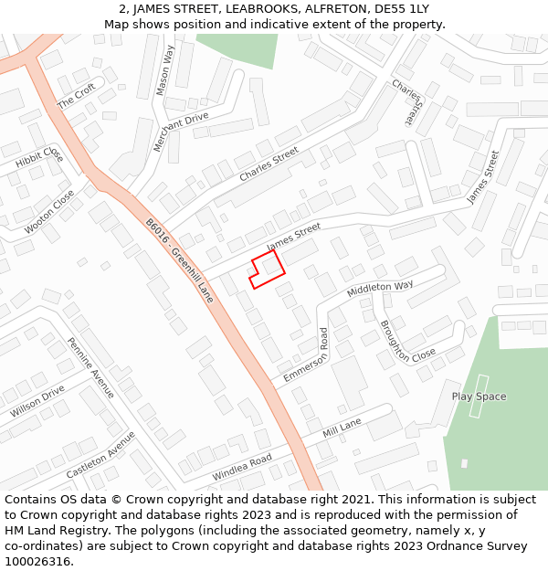 2, JAMES STREET, LEABROOKS, ALFRETON, DE55 1LY: Location map and indicative extent of plot