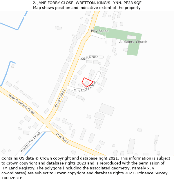 2, JANE FORBY CLOSE, WRETTON, KING'S LYNN, PE33 9QE: Location map and indicative extent of plot