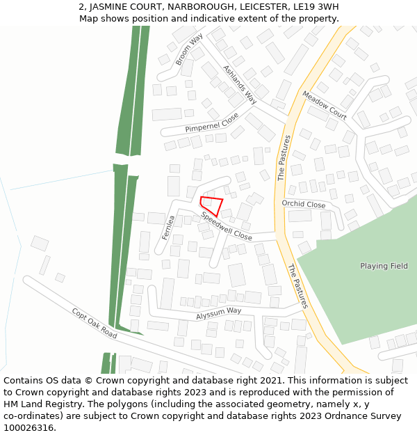 2, JASMINE COURT, NARBOROUGH, LEICESTER, LE19 3WH: Location map and indicative extent of plot