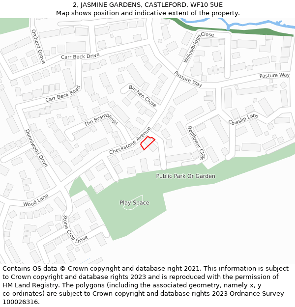 2, JASMINE GARDENS, CASTLEFORD, WF10 5UE: Location map and indicative extent of plot