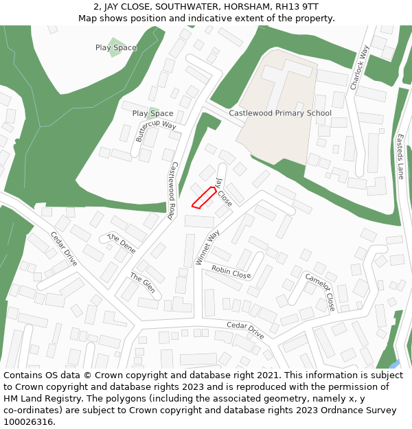 2, JAY CLOSE, SOUTHWATER, HORSHAM, RH13 9TT: Location map and indicative extent of plot