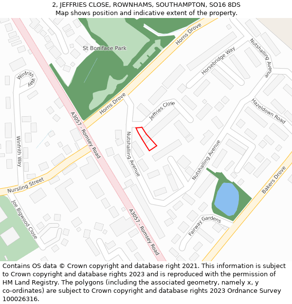 2, JEFFRIES CLOSE, ROWNHAMS, SOUTHAMPTON, SO16 8DS: Location map and indicative extent of plot