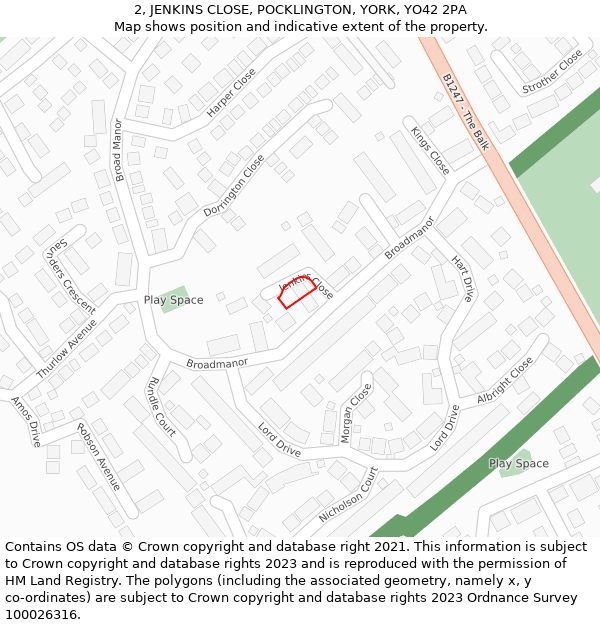 2, JENKINS CLOSE, POCKLINGTON, YORK, YO42 2PA: Location map and indicative extent of plot