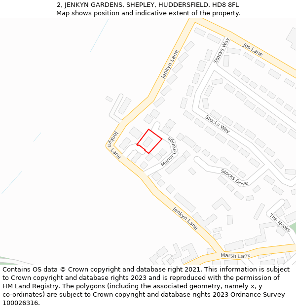 2, JENKYN GARDENS, SHEPLEY, HUDDERSFIELD, HD8 8FL: Location map and indicative extent of plot