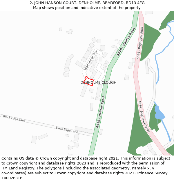 2, JOHN HANSON COURT, DENHOLME, BRADFORD, BD13 4EG: Location map and indicative extent of plot