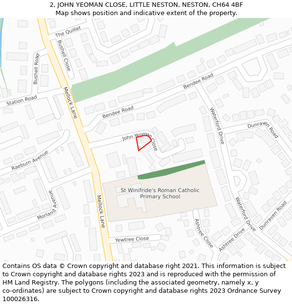 2, JOHN YEOMAN CLOSE, LITTLE NESTON, NESTON, CH64 4BF: Location map and indicative extent of plot