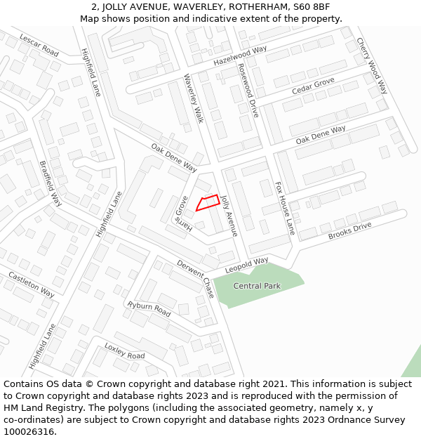 2, JOLLY AVENUE, WAVERLEY, ROTHERHAM, S60 8BF: Location map and indicative extent of plot