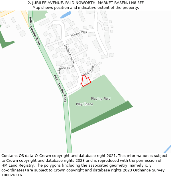 2, JUBILEE AVENUE, FALDINGWORTH, MARKET RASEN, LN8 3FF: Location map and indicative extent of plot