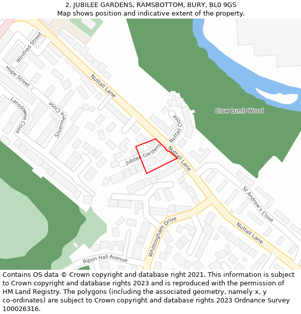 2, JUBILEE GARDENS, RAMSBOTTOM, BURY, BL0 9GS: Location map and indicative extent of plot