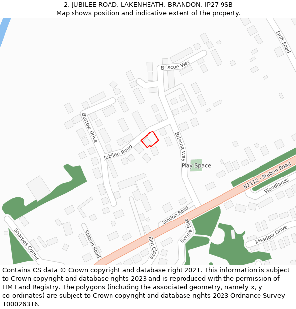 2, JUBILEE ROAD, LAKENHEATH, BRANDON, IP27 9SB: Location map and indicative extent of plot