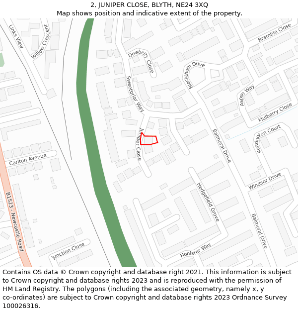 2, JUNIPER CLOSE, BLYTH, NE24 3XQ: Location map and indicative extent of plot