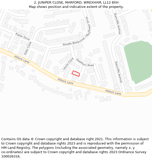 2, JUNIPER CLOSE, MARFORD, WREXHAM, LL12 8XH: Location map and indicative extent of plot