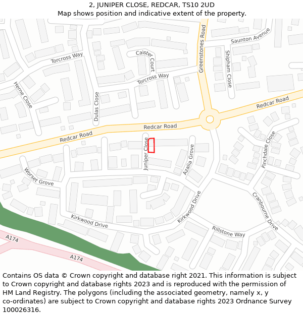 2, JUNIPER CLOSE, REDCAR, TS10 2UD: Location map and indicative extent of plot